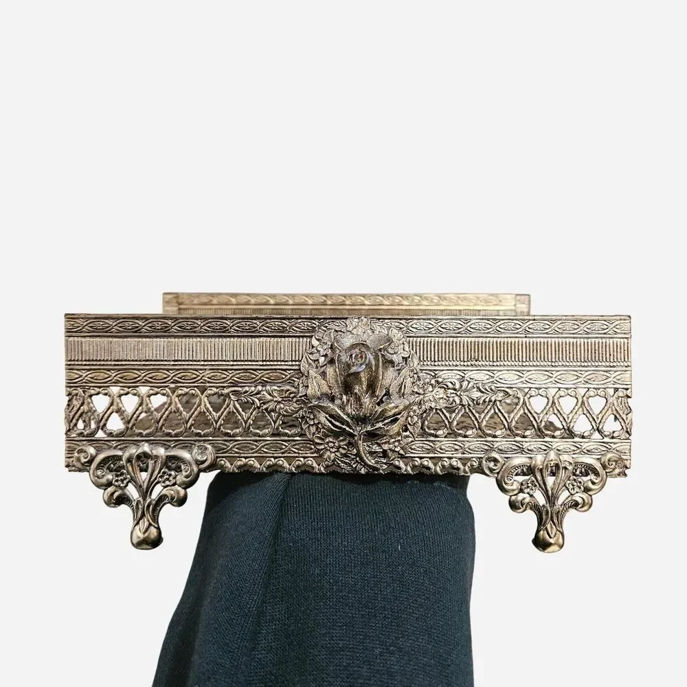 vintage Hollywood Regency gold tone rose tissue box mail holder